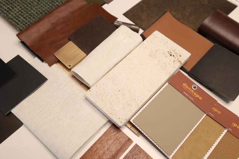 Material board: veneer, leather, stone and fabric samples